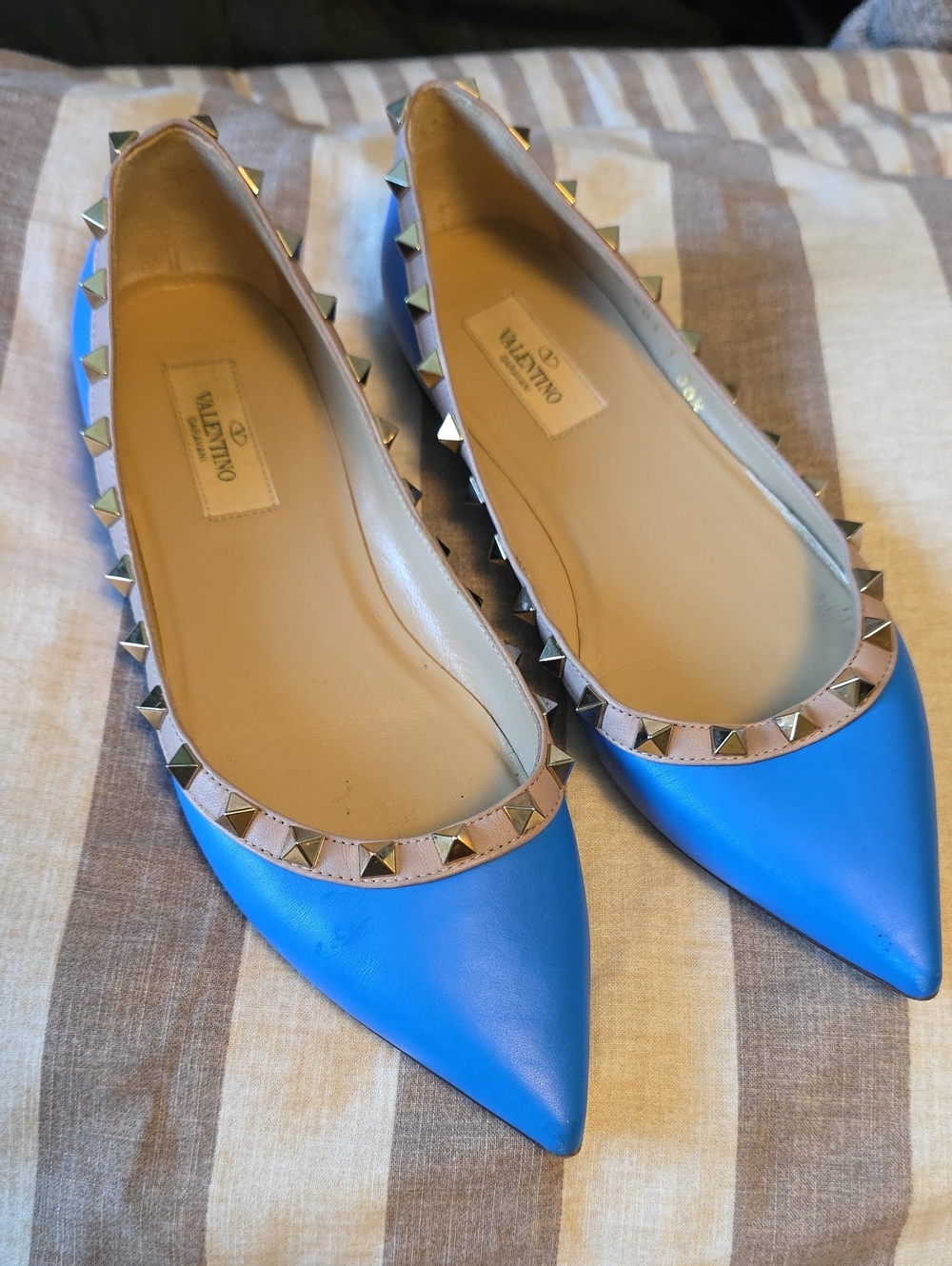 Valentino Blue Pointed Rockstud Leather Flats with Nude Trim